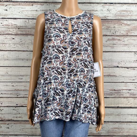 Susina Nordstrom Gray Floral Lace Trim Keyhole Peasant Tank Top Shirt Large - Picture 6 of 9